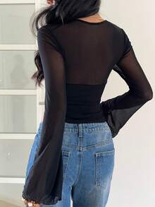 GalTyme 大码女式纯色网纱拼接紧身性感长袖上衣 - 黑色 - 查看 2