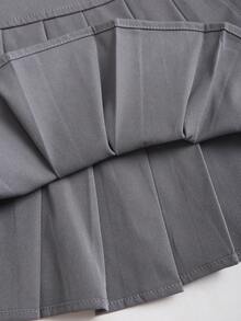 SHEIN Unity Women's Autumn/Winter Pink Waist Cinched Fitted Y2K Preppy Striped Long Sleeve Shirt, Casual Sweet Style; Dark Gray A-Line Pleated Skirt - Pink - View 8