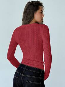 Aloruh Áo len chui đầu cổ chữ V sâu tay dài kiểu dáng mới, thiết kế tối giản, áo khoác ngoài đa năng cho mùa thu/đông - Đỏ - Xem 2