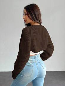 SHEIN PETITE Balletcore Ribbed Knit Raglan Sleeve Shrug Crop Cardigan Without Cami Top,Knitted Sweater In Fall/Winter - Coffee Brown - View 2