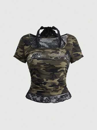 Grunge Punk Punk Graphic Rhinestone Camo Lace Patchwork Crew Neck Fitted Women T-Shirt