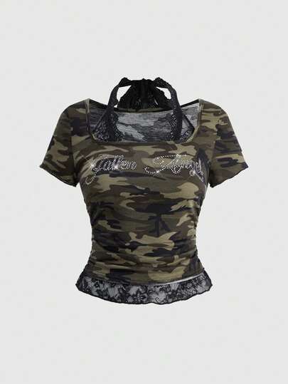 Grunge Punk تي شيرت نسائي ضيق بياقة طاقم مزين بالراين ستون والكامو والدانتيل والرقعات بطبعات بانك