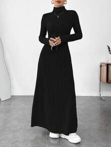 SHEIN EZwear 黑色羊毛罗纹高领休闲加大码长款连衣裙，秋冬款 - 黑色 - 查看 6