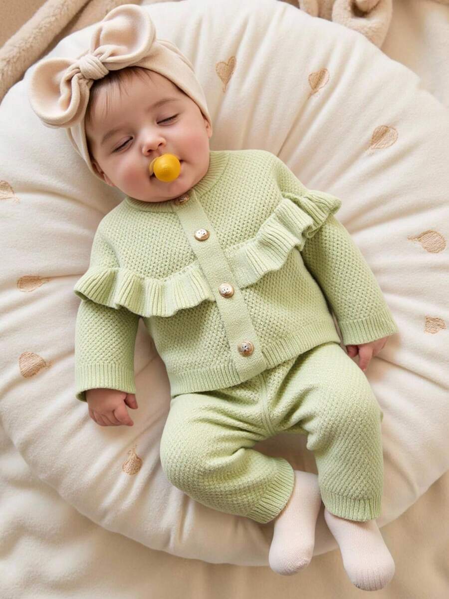 SHEIN Conjunto de 2 peças de suéter cardigan de malha com gola babada e calças retas para bebês meninas, confortável para outono/inverno, verde, moderno e versátil, adequado para uso diário, casa, atividades ao ar livre, viagens - Verde - Ver 1