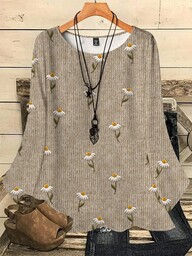EMERY ROSE Tricou vintage cu imprimeu brodat 3D cu margarete, mărime mare, cu guler rotund și mânecă 3/4, potrivit pentru toamnă/iarnă