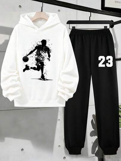 2pcs/Set Teens' Casual Sports Minimalist Outdoor Basketball 23 Print Hoodie And Sweatpants, Autumn/Winter