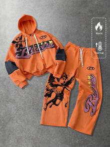 ROMWE MEN Street Life Men's Letter Print Zip-Up Hoodie And Drawstring Waist Sweatpants Set, Autumn/Winter - Orange - View 1