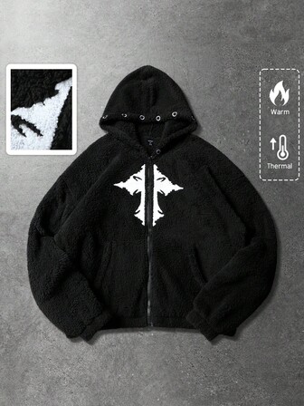 Street Life Chaqueta con capucha de forro polar con bordado de cruz americana, estilo callejero unisex, para otoño/invierno