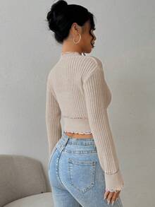 Chiquease Women's Elegant Contrast Trim Button Front Ribbed Knit Cardigan Sweater - Beige - View 2