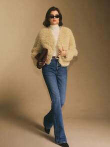 Poéselle Cozy Beige Faux Fur Teddy Jacket For Women,Elegant Soft Sherpa Cardigan,Warm Winter Fluffy Outerwear,Casual Solid Color Layer For Autumn & Night Out - Apricot - View 8