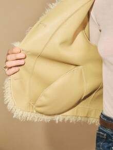 Poéselle Cozy Beige Faux Fur Teddy Jacket For Women,Elegant Soft Sherpa Cardigan,Warm Winter Fluffy Outerwear,Casual Solid Color Layer For Autumn & Night Out - Apricot - View 9