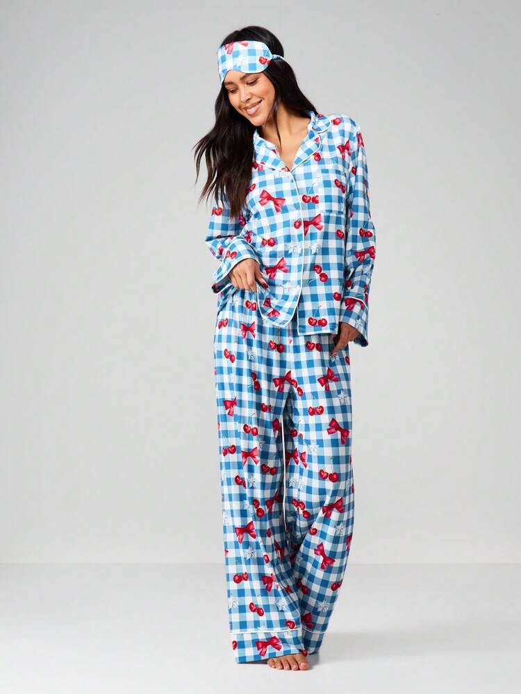 MISSGUIDED Cherry Bow Gingham Pajama Set With Eye Mask Holiday Sleepwear Christmas Winter Loungewear
