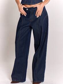 MUSERA Contrast Stitch Seam Detail Wide Leg Jeans Asymmetric Button Waist Denim Jeans Cool Girl Streetstyle Everyday Casual Fall Autumn Winter Spring Summer - Navy Blue - View 2
