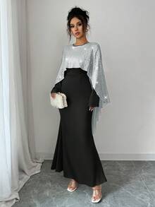 Elenzga Đầm suông dài tay màu trơn đính sequin có thể tháo rời cho nữ mùa thu thanh lịch - màu đen - Xem 3