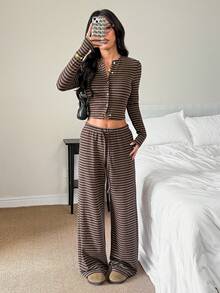 SHEIN PETITE 2025新款春夏女装时尚性感棕色条纹长袖上衣和裤子休闲两件套/春夏女装/夏季女装/万圣节服装/圣诞节女装/派对/招待会/新年服装/返校服装/家居/Y2K/秋季条纹两件套 - 棕色 - 查看 10