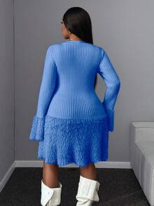 Maweii Plus Size Women Solid Color Elegant Fitted Fuzzy Heart Knitted Sweater Dress - Blue - View 5