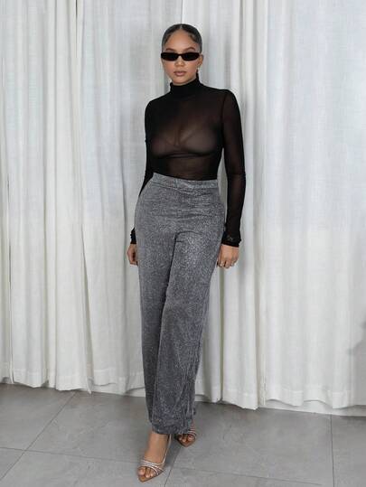 Melissa Matos Women Casual High Waist Wide Leg Shiny Knit Long Pants