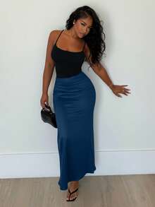 Alexandranx Women's Solid Color High Waist Elegant Mermaid Skirt Maxi - Navy Blue - View 6