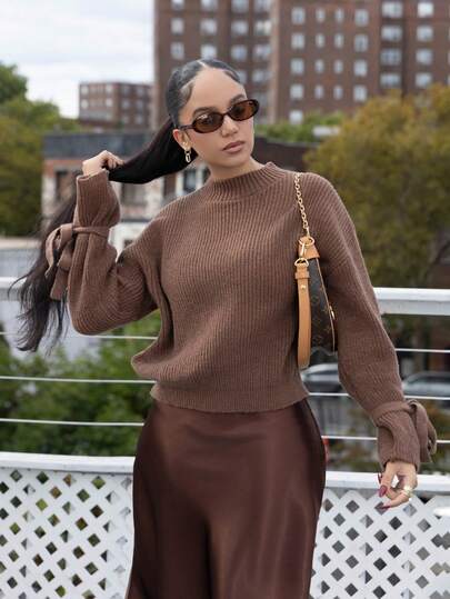 Melissa Matos New Autumn/Winter Brown Knitted Ribbed Cuff Tie Loose Pullover Sweater,Knitted Sweater