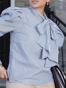 Melissa Matos 系带喇叭袖条纹衬衫，时尚百搭 - 灰色 - 查看 3