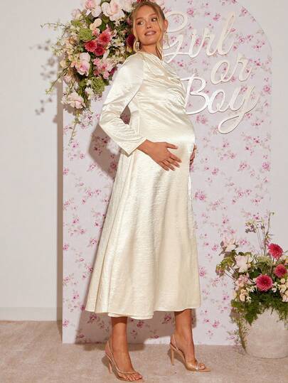 Loomaby Sukienka ciążowa w jednolitym kolorze z okrągłym dekoltem i długimi rękawami, plisowana, elegancka