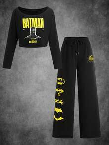 BATMAN X SHEIN 2件組女款休閒字母與圖形印花短版上衣與長褲套裝，秋季慢跑運動褲套裝，女款街頭風搖滾風兩件套長褲套裝 - 黑色 - 查看 6