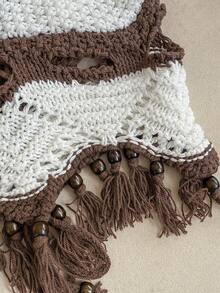 Soleia Blusa de punto con cuello halter, espalda descubierta y bajo con flecos en patchwork de colores contrastantes para mujer - Multicolor - Ver 7