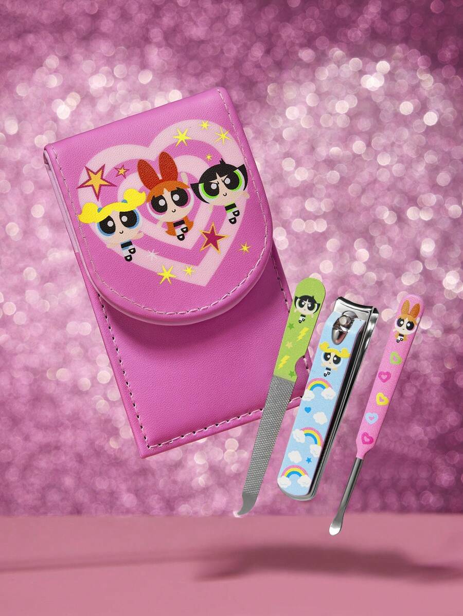 THE POWERPUFF GIRLS X SHEIN 4pcs Portable Nail Clipper Set With Storage Bag,Premium Stainless Steel Manicure Set ,Professional Beauty Kit Includes Nail Clipper & Portable Nail File & Ear Pick, Personal Care Set For Travel Or Home Use,Durable, Salon-Quality Tools For Easy At-Home Grooming.Pink.Y2K,Gift Ideas - Baby Pink - View 1