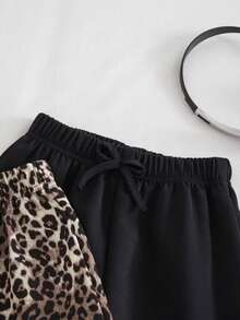 Genkimix Kids 2pcs/Set Young Girl Wide Leg Pants, Leopard Print And Black Color, Daily Wear Kid Clothes - Black - View 4