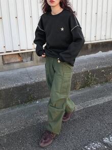 FRIFUL 女士撞色滚边五角星图案圆领长袖上衣 - 黑色 - 查看 2