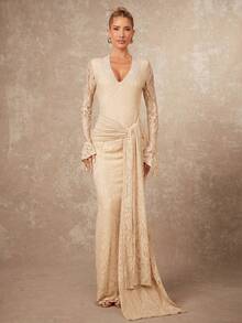 Lumalex 女式优雅性感杏色蕾丝深 V 领喇叭袖扭结装饰修身长袖连衣裙，春秋 - 杏色 - 查看 10