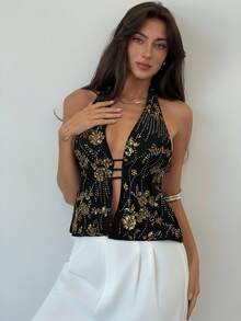 Aloruh Young Lady's Halter Neck Backless Sequin Patchwork Deep Purple-Red Women's Tank Top - Black - View 7