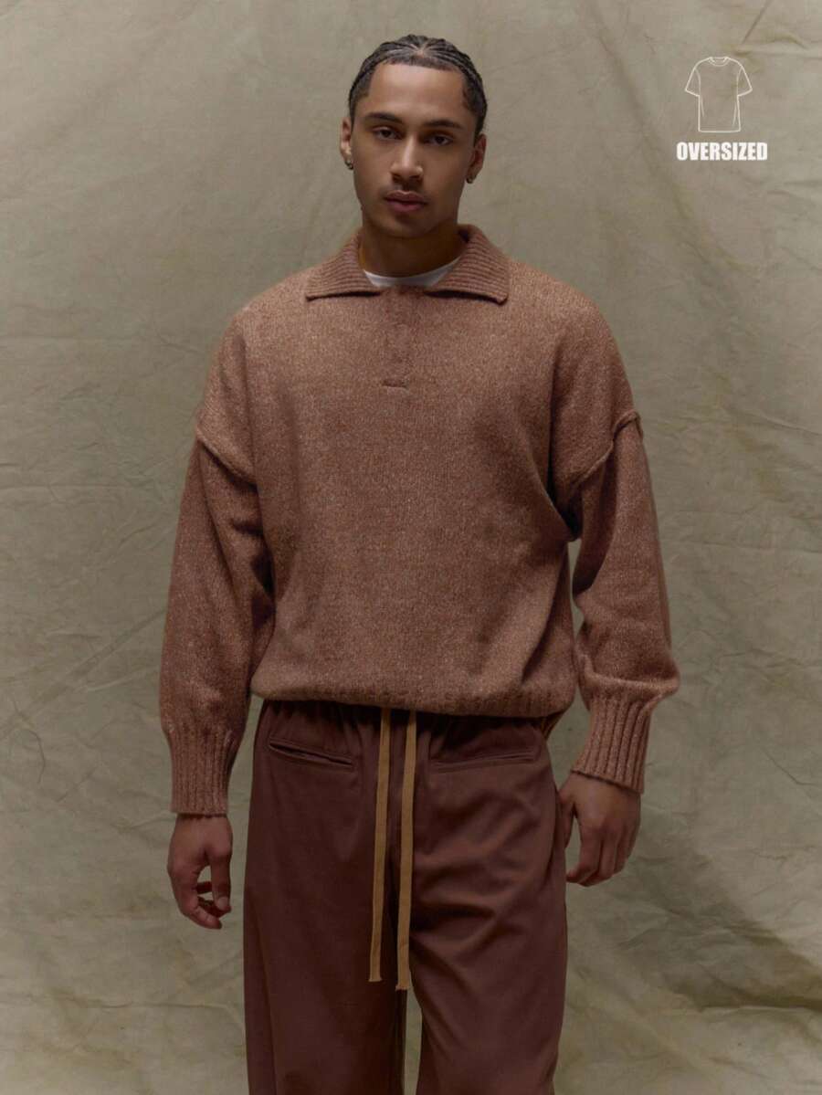 Musero Pull tricoté à col boutonné, avec taille et poignets côtelés oversize. Idéal pour l'automne, le printemps et l'été. - Tabac - Voir 1