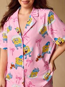 SpongeBob SquarePants | SHEIN Conjunto de pijama de talla grande de verano con top y pantalones casuales y lindos con estampado de dibujos animados - Rosa - Ver 5