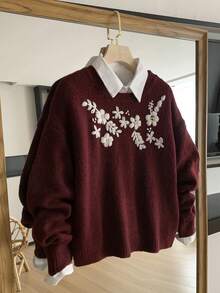SHEIN Franclia Áo len dài tay cổ tròn thêu họa tiết cổ điển dành cho nữ - Màu Đỏ Sâu - Xem 1