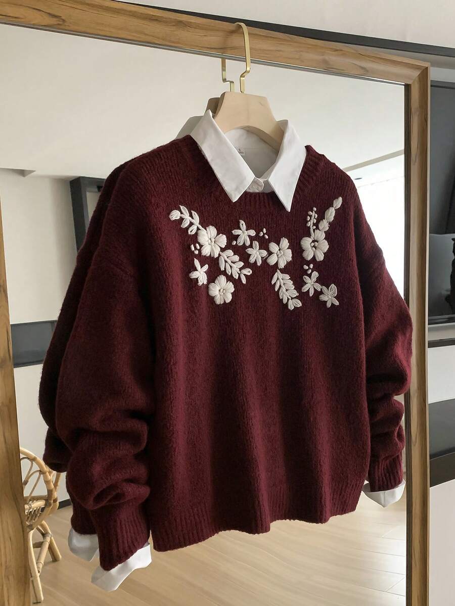 SHEIN Franclia Áo len dài tay cổ tròn thêu họa tiết cổ điển dành cho nữ - Màu Đỏ Sâu - Xem 1