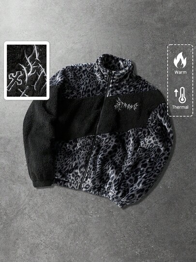 Street Life Chaqueta acolchada con estampado de leopardo y texto en inglés, unisex, para otoño/invierno