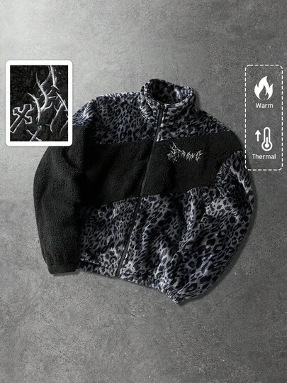 ROMWE MEN Street Life 男女通用豹纹印花及英文文字图案拼接保暖长袖外套，秋冬款