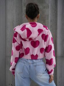 SAYEHFBABY Women's Heart Pattern Fleece Hooded Casual Jacket For Fall/Winter - Pink - View 2