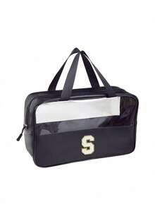 1PC Transparent Letter Toiletry Bag,Fashionable New Square Solid Color Makeup Bag With Embroidery Letters Summer Travel, Vacation Home Bathroom Decor Holiday Makeup Organizer Bathroom Accessories Back To School - Black - View 16