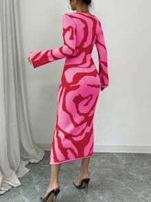 Elenzga 女士全印花修身长袖喇叭袖口毛衣连衣裙 - 珊瑚粉 - 查看 2