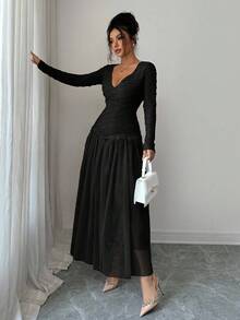 Modelyn Women's Sweetheart Neck Ruffle Patchwork Cinched Waist Dress - Black - View 3