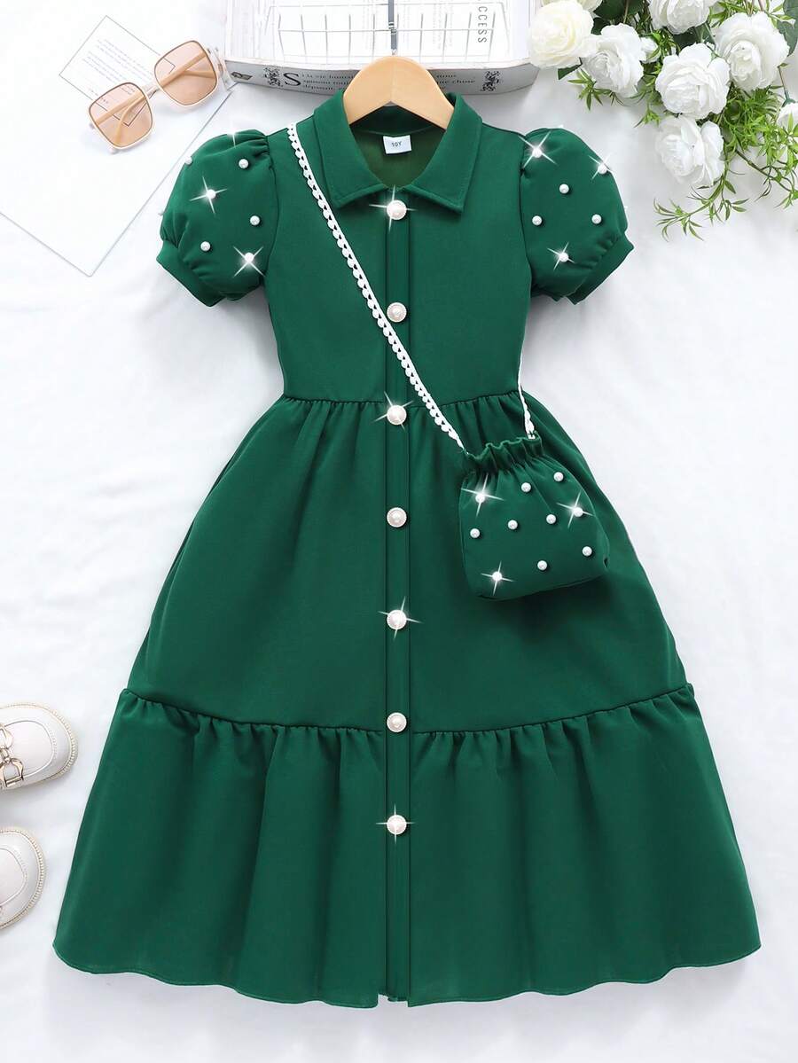 SHEIN Váy Cardigan tay phồng cổ tròn màu trơn dễ thương mùa hè kèm túi nhỏ cho bé gái - Màu xanh lá cây đậm - Xem 1