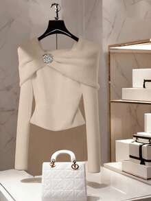 Elenzga Women's Elegant Daily Off-Shoulder Solid Color Shawl Collar Long Sleeve Metal Rhinestone Decor Ruched Fitted Short Plus Size Knit Sweater, Autumn - Khaki - View 1
