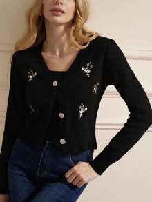Revavyn 女士花卉刺绣长袖针织开衫和无袖针织上衣休闲两件套，秋冬款 - 黑色 - 查看 3