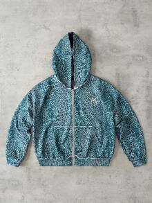 ROMWE MEN Street Life Men's Long Sleeve Zip-Up Collar Vintage American Style Leopard Print Hoodie - Multicolor - View 1