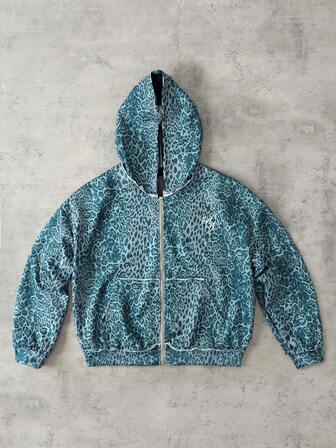 Street Life Herren Langarm Reißverschluss Kragen Vintage Amerikanischer Stil Leoparden Muster Hoodie