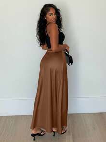 Alexandranx Falda de longitud maxi de un solo color para uso diario, conjunto de ropa de mujer - Óxido marrón - Ver 5