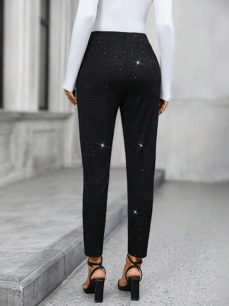 Women's Fashion Commuter Silver Foil Black Pants Elegant Pants For Women Rhinestone Pants Sparkle Pants Glitter Pants Women's Winter Pants Black Trousers For Women Elegant Pants For Women Going Out Stylish Women's Pants,Black Pant New Year,Fall,Fall Clothes For Women,Winter Clothes For Women