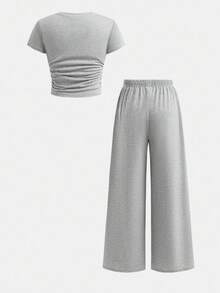 SHEIN Set Kaos Lengan Pendek Kasual Gaya New York untuk Remaja Perempuan - Grey - View 2